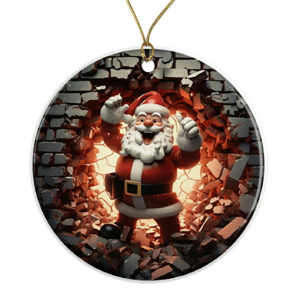 Funny Santa Ornament - Breaking Through Holiday Decor - Festive Christmas Gift - Santa Ornament for Tree Ceramic Ornament - 3 Inch Christmas Tree Round Ornament - Xmas Holiday Decor ORNW0181