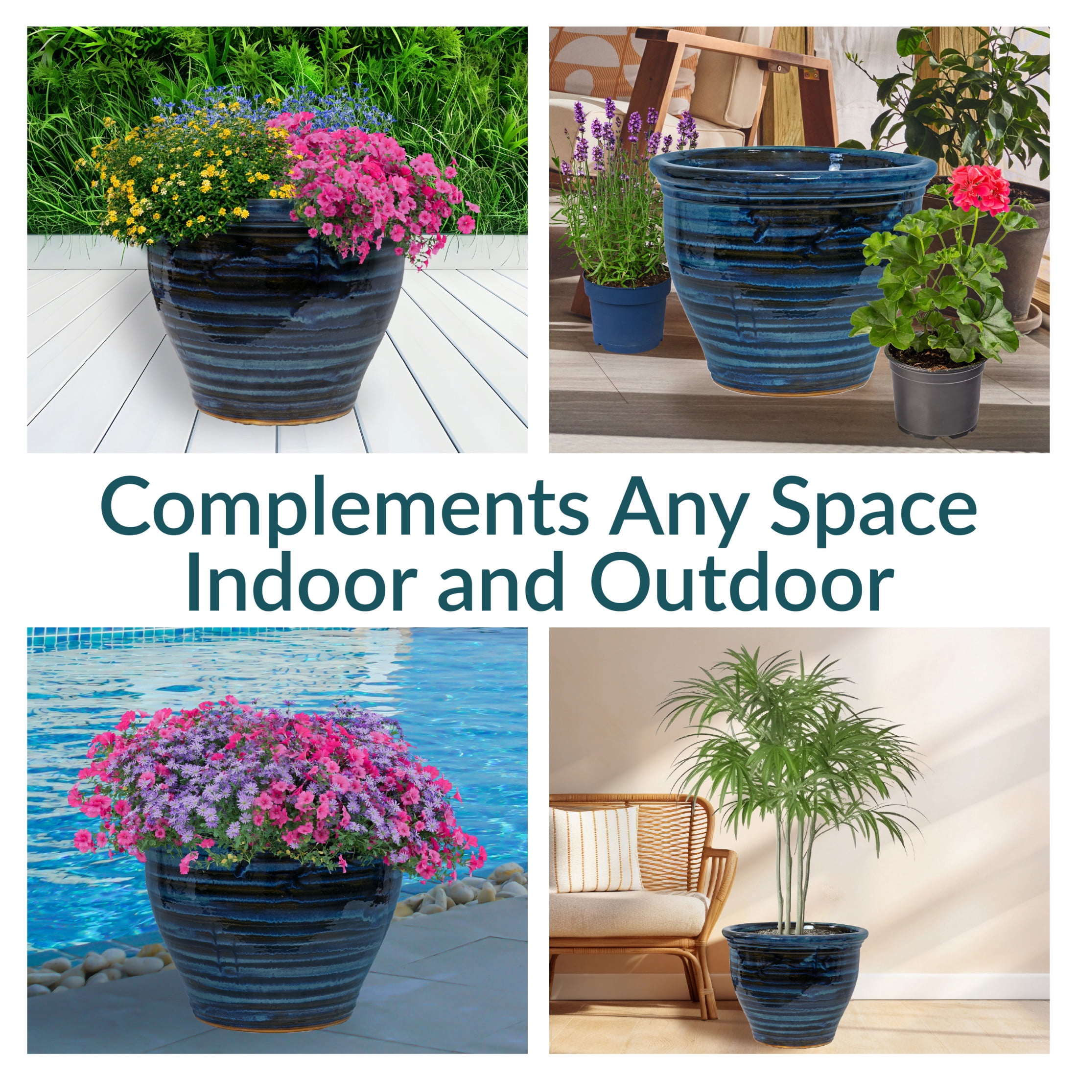 Sunnydaze Studio 18.5" x 18.5" x 15" Round Galaxy Blue Ceramic Outdoor Planter