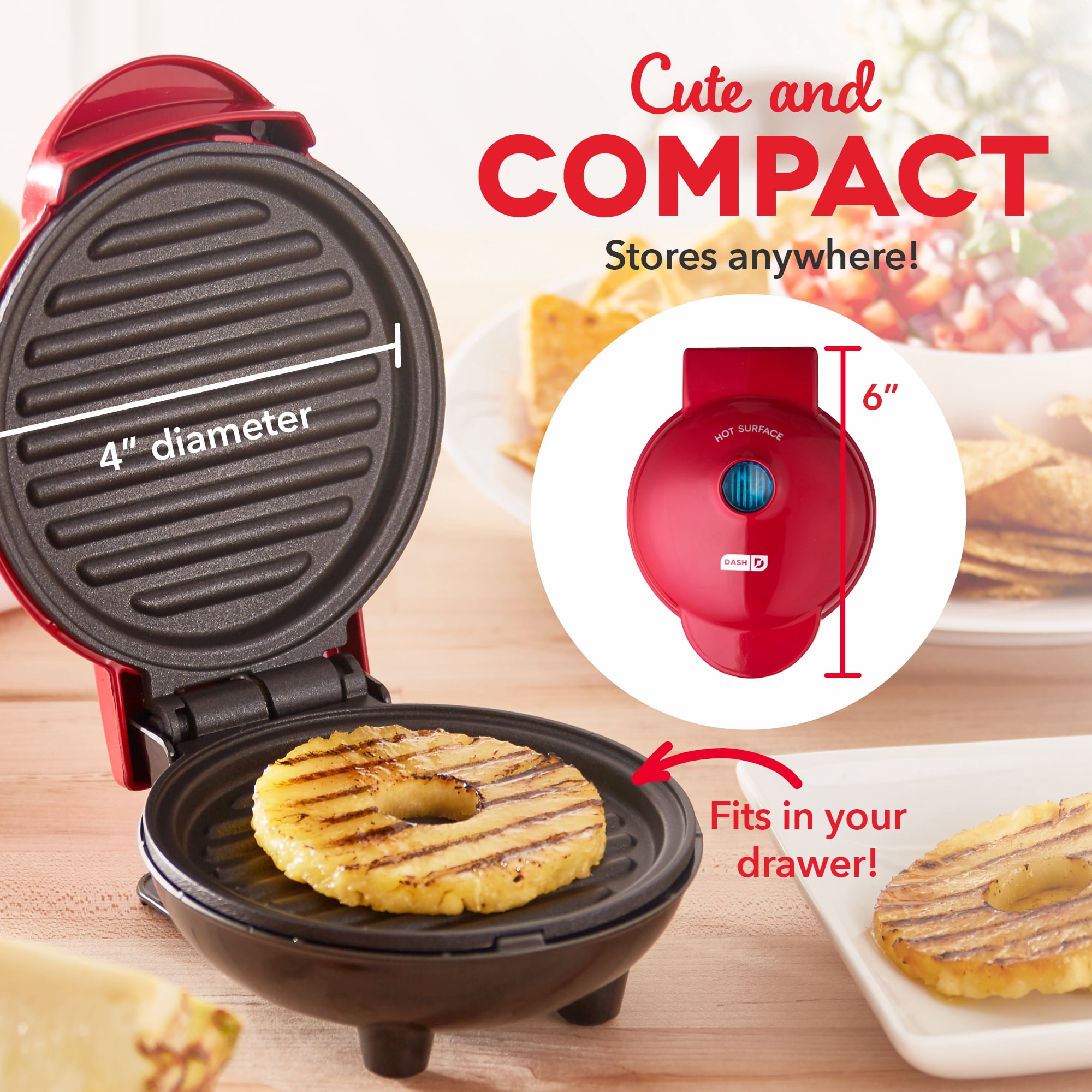 Dash Mini Maker Portable Grill Machine, 4in Cooking Surface, Red