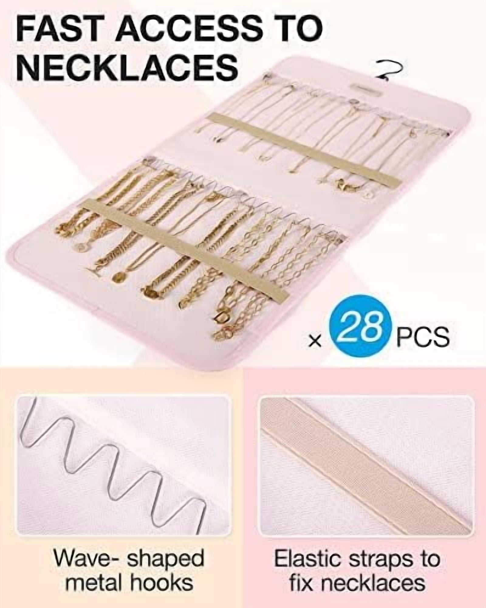Hanging Jewelry Organizer Storage Roll with Hanger Metal Hooks Double-Sided Jewelry Holder for Earrings, Necklaces, Rings on Closet, Wall, Door, 1 piece, Medium, Pink
