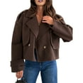 thumbnail image 3 of Women Crop Double Breasted Pea Coat Work Office Cropped Jacket with Pockets Dark Brown XL, 3 of 8