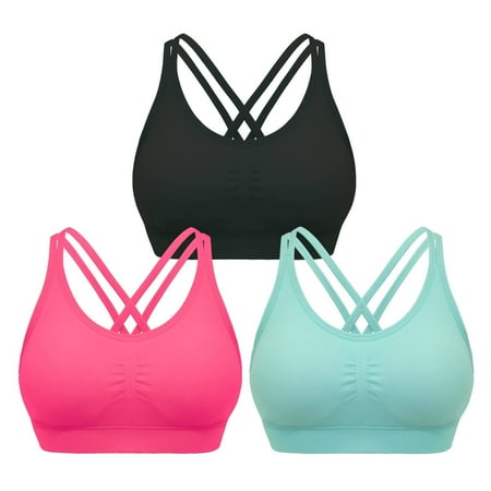 

DREAM SLIM Womens 3 Pack Cross Back Strappy Sports Bra Comfort Medium Impact Bralette Wireless Yoga Workout Bras