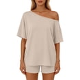 thumbnail image 2 of Sevevn Women’s Casual Set Short Sleeve Off Shoulder Top and Shorts Set Lightweight Breathable Loose Fit Two Piece Outfit, 2 of 9