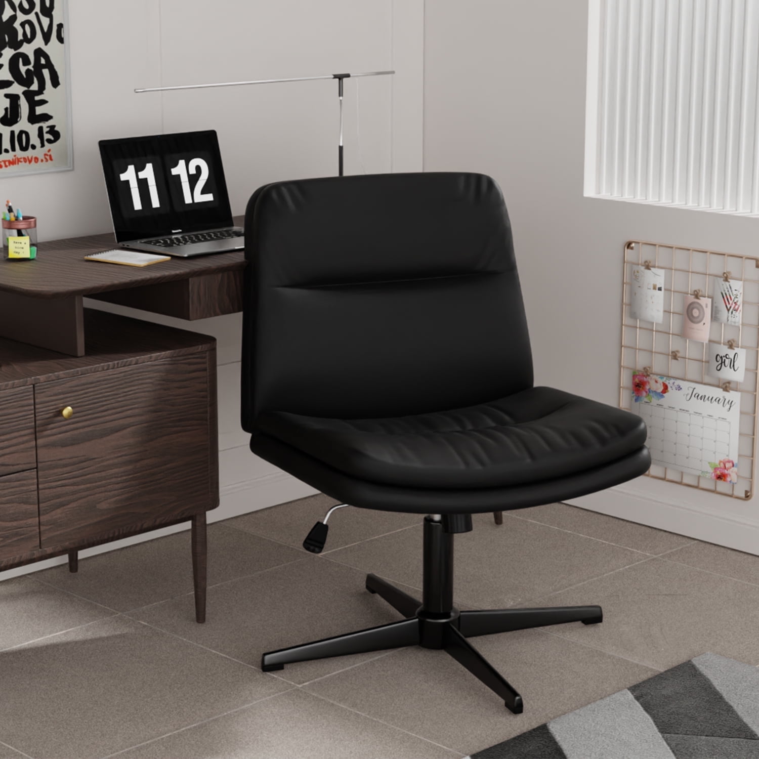 Cross Legged Office Chair,Armless Comfy Criss Cross Chair Wide Seat Ergonomic Home Office Desk Chair No Wheels Swivel Home Office Desk Computer Chair for Vanity Home Office Bedroom,Milky White