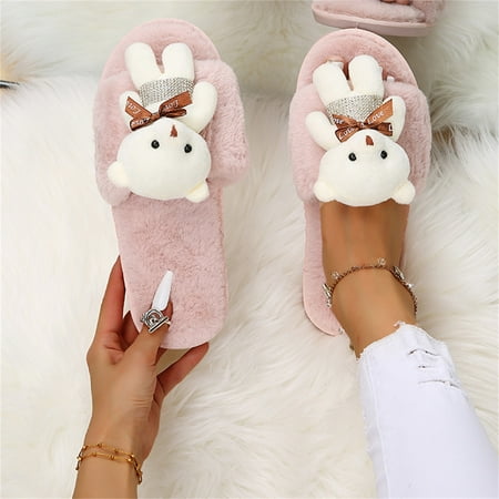 

Alueeu Women s slipper Women s Fashion Doll Bear Plush Set Feet Flat Warm Casual Cotton Slippers