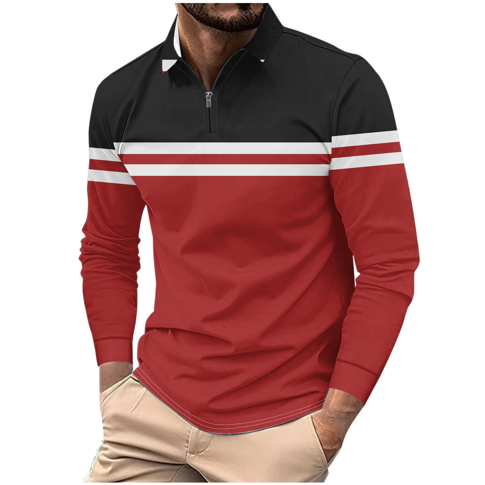 Handshe Men's Polo Shirt, Casual Loose Fit with Zip-Up Striped
