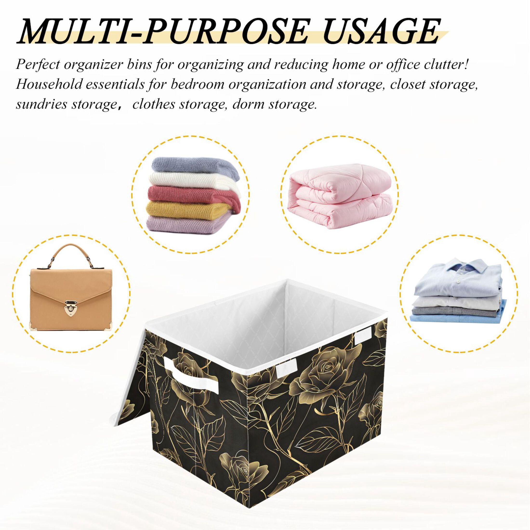 Ryvnso Botanical Elegant Rose Flower Large Lidded Foldable Storage Baskets Cubes Boxes Lids Bin for Home
