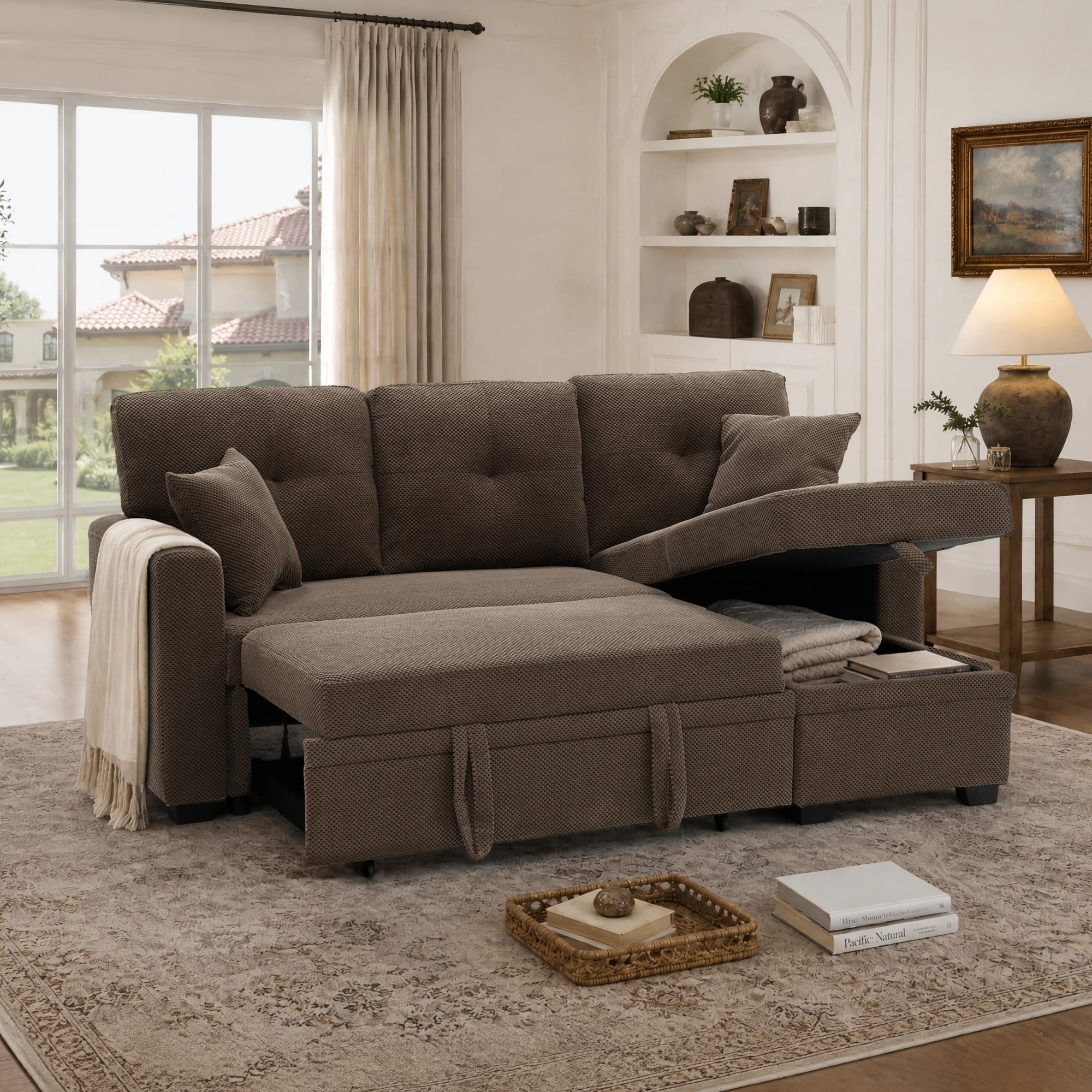 BSHTI 71"Foil Fabric L-Shaped Pull-Out Sleeper Sofa Bed with Reversible Chaise, Hidden Storage for Living Room（Coffee）
