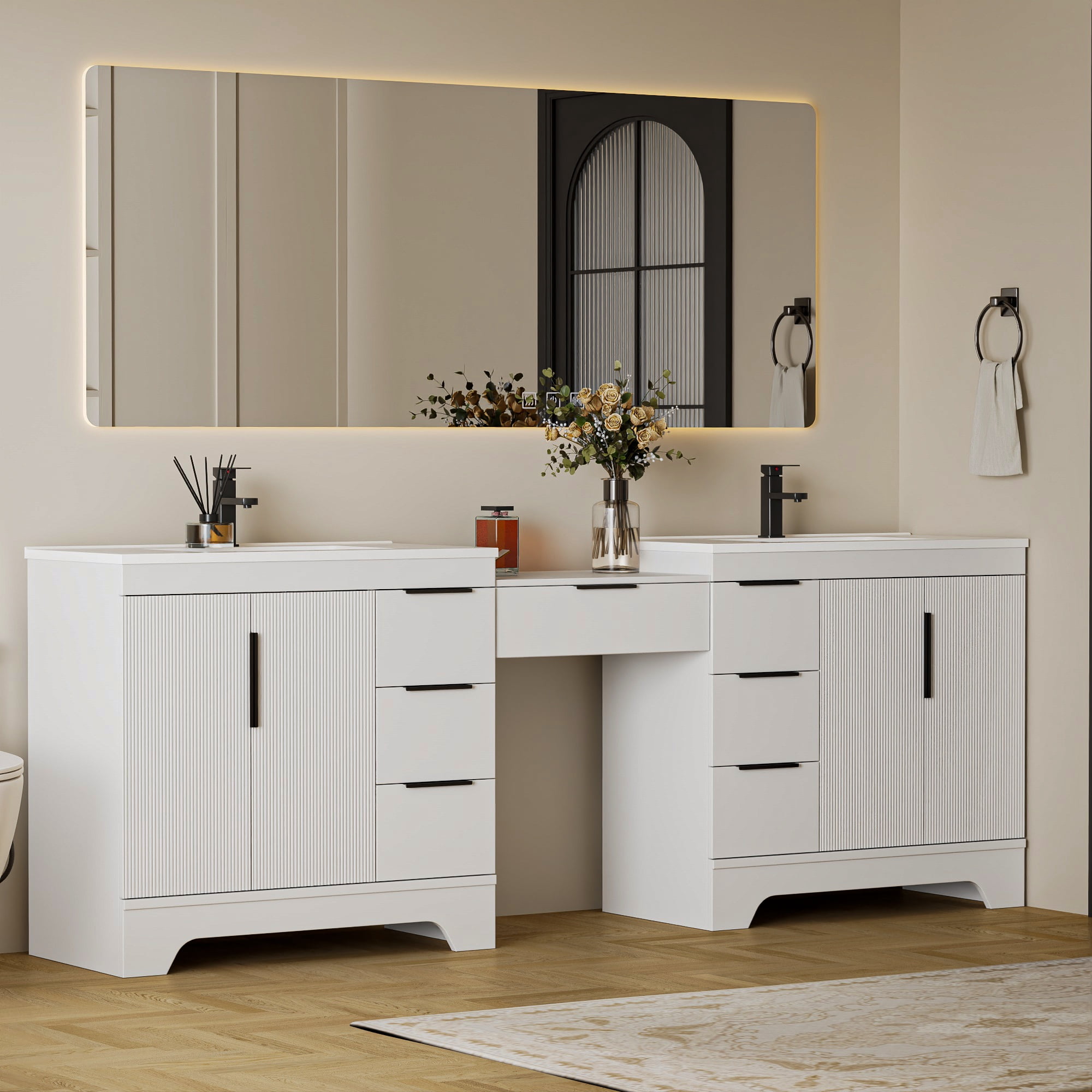 Eclife 96'' Bathroom Vanity with Double Integrated Sink, Wall-Mounted Makeup Table, Soft-Close Doors