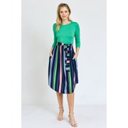 Vivid 3/4 Sleeve Multi Color Stripe Sash Midi Dress | S-3X