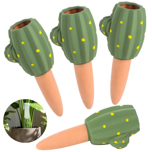 4 Pcs Terracotta Watering Spikes, Ceramic Cactus Design Self Watering Planter Insert, Automatic Plant Waterer with Slow Release, for Indoor and Outdoor Plants