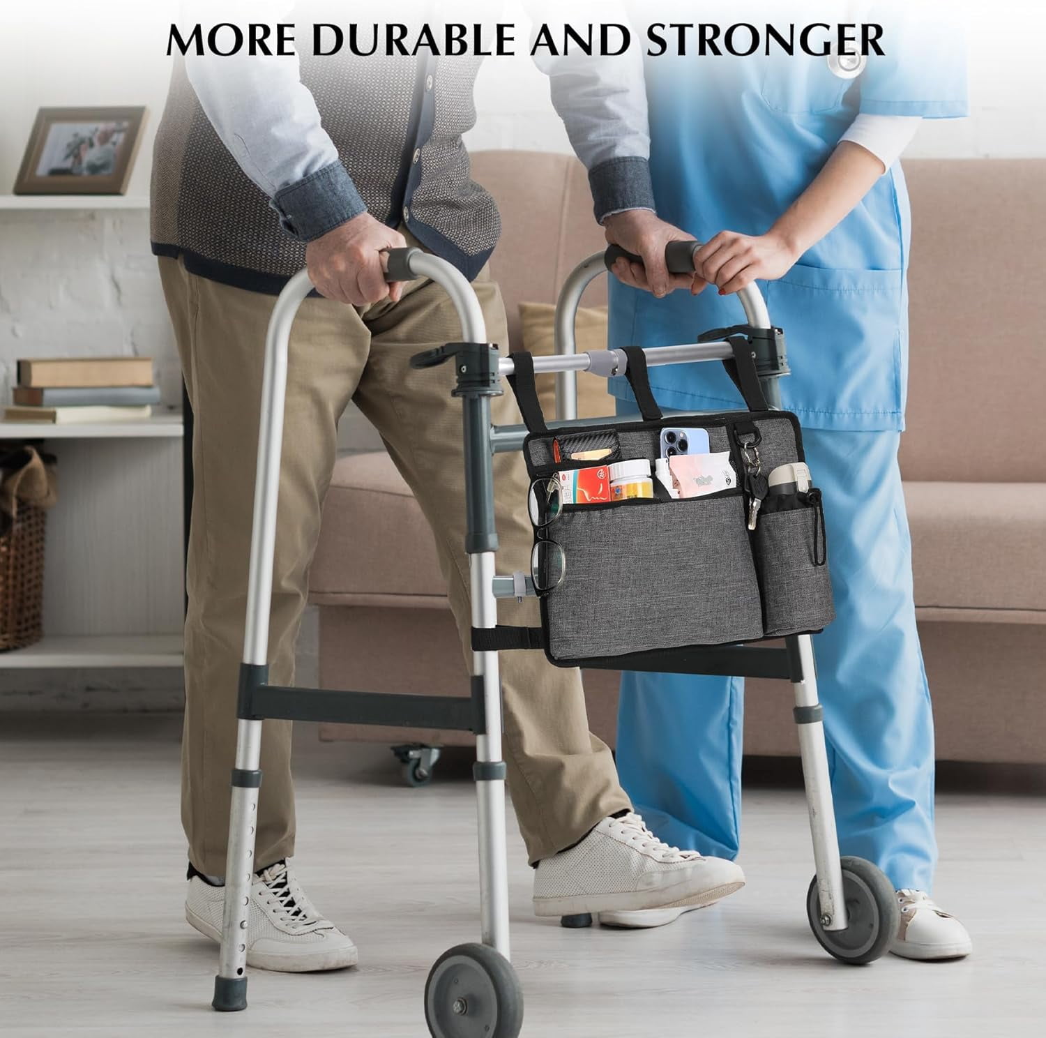 Walker Accessories for Seniors - Folding Walker Bag with Cup Holder, Storage Basket, and Organizer Pouch, Grey