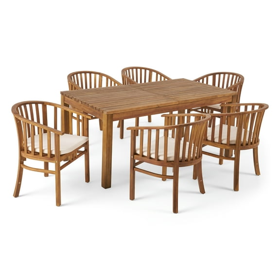 Noble House Alondra 7 Piece Wooden Expandable Patio Dining Set in Teak/Cream
