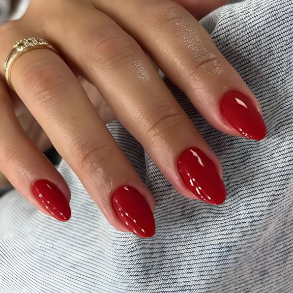 RAGUPEL Red Press On Nails Short Oval, Thick Acrylic Nails Press Ons, Short Almond Nails Glue on, Natural Round Fake Nails, One Color Gel Stick On Nails Set For Tiny Average Wide Nail Beds