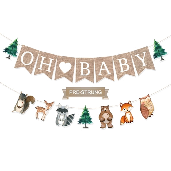 CCOCC Pre-Strung 6ft Burlap Oh Baby Banner for Woodlands Baby Shower Decorations,Neutral Forest Animals Gender Reveal Party Decor