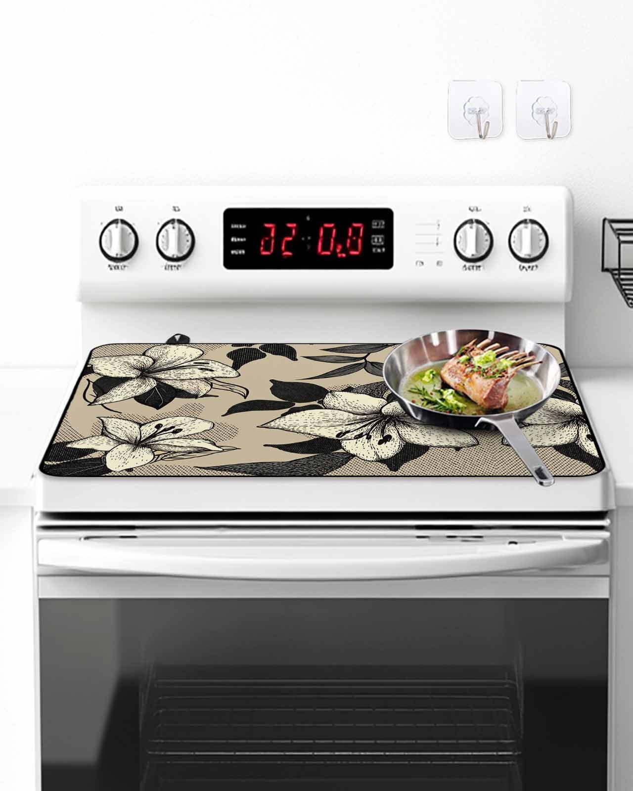 Stove Top Covers for Electric Stove, Black Floral Glass Stovetop Cover Protector, Vintage Khaki Floral Retrp Plant Leaf Induction Cooktop Protector Oven Mat for Kitchen Countertop 24"x21"