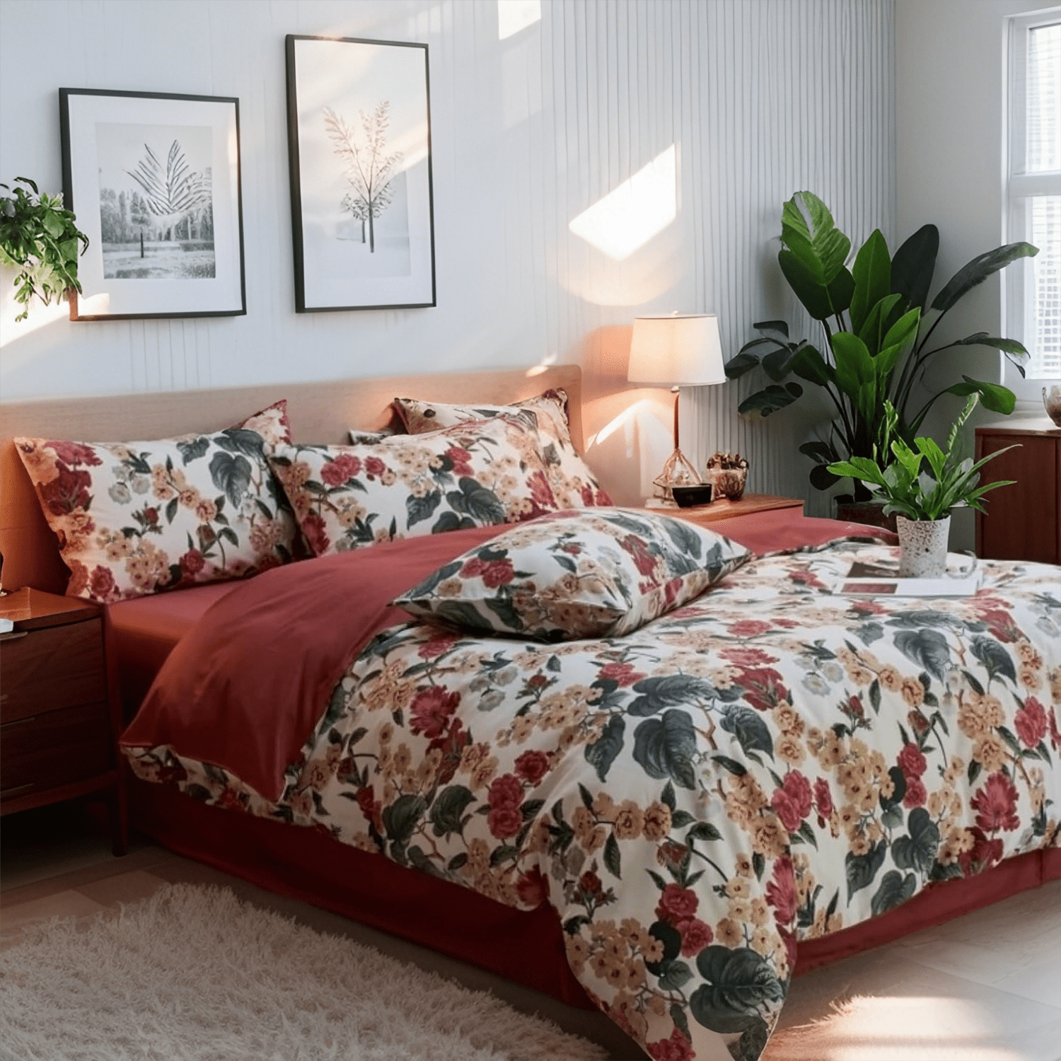 NAYOROOM Duvet Cover Set Queen, 3 Piece Romantic Red Floral Breathable Reversible Soft Duvet Cover Set for Adults