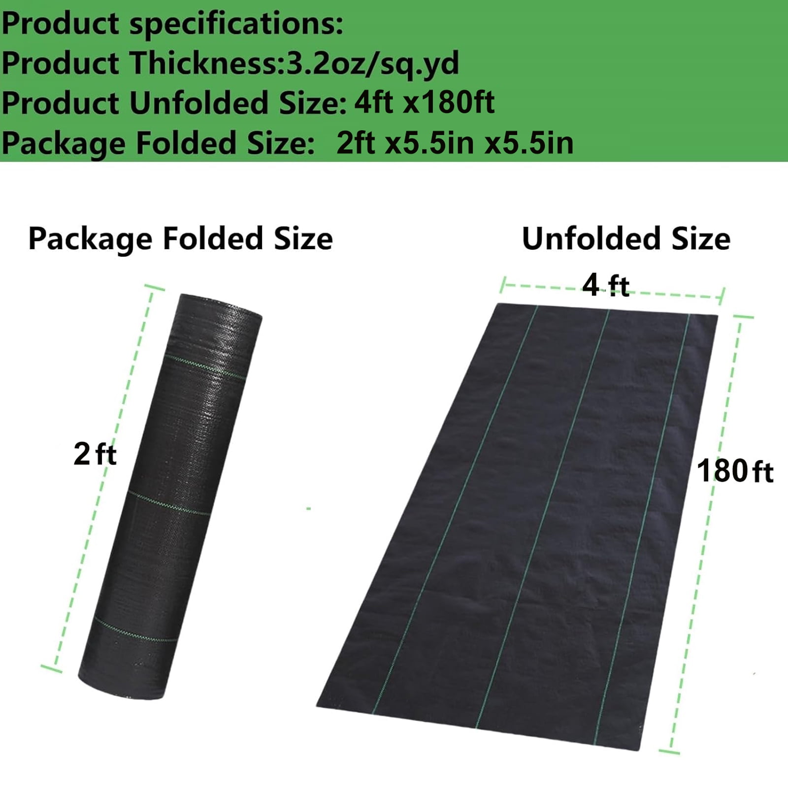 4ft x 180ft Garden Weed Barrier Landscape Fabric,Weed Block Fabric Heavy Duty 3.2OZ,Woven Mulch for Landscaping Ground Cover Weed Control Fabric, Black Garden Bed Liner