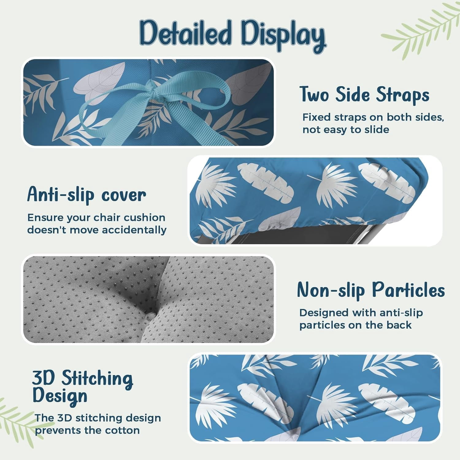 Outdoor Chaise Lounge Chair Cushion 75.1 x 22.8 x 4.7 Inches 100% Waterproof Replacement Cotton Patio Pool Lounge Chair Cushion for Outdoor Furniture with Ties, Blue Leaf