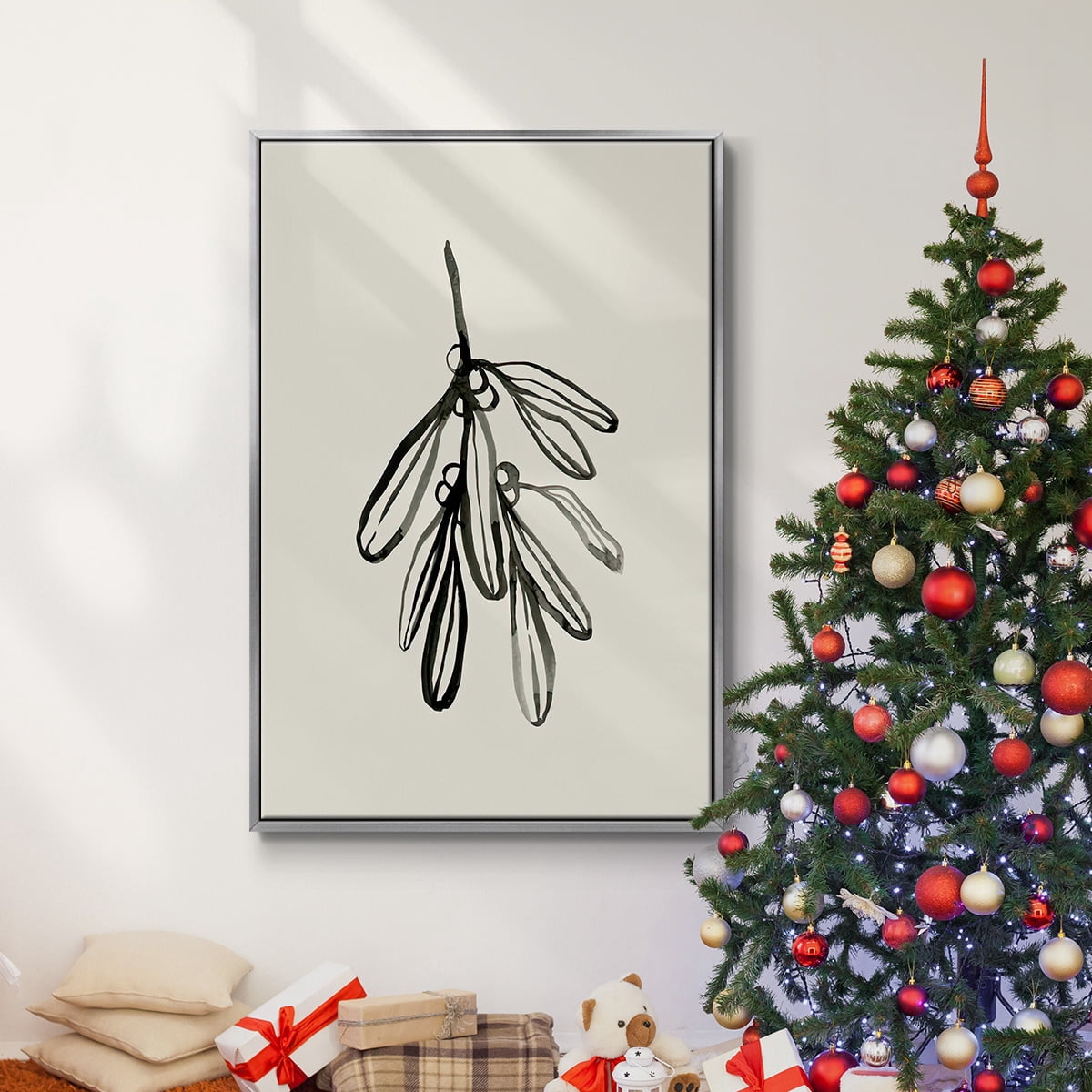 Mistletoe Sketch I - Framed Gallery Wrapped Holiday Canvas - 17 x 25 - Silver Frame