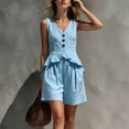 thumbnail image 4 of Mifsaly 2 Piece Linen Set for Women Sleeveless V Neck Button Down Peplum Top and Loose Shorts Lightweight Flowy Casual Vacation Summer Outfits Light Blue,S, 4 of 7