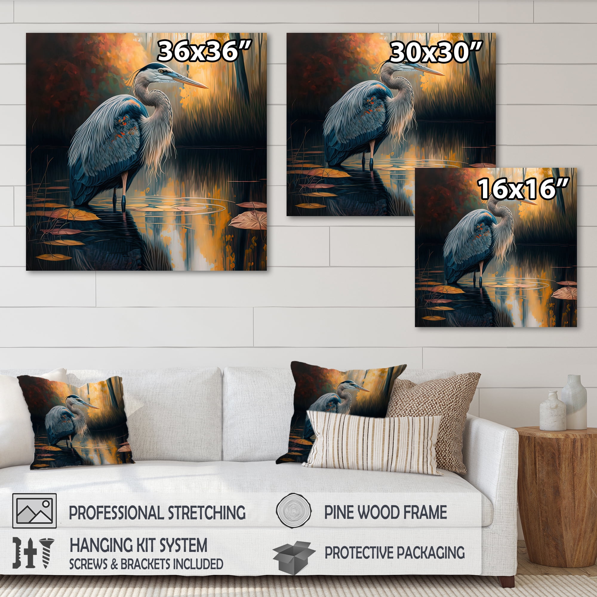 Designart Cute Heron In A Lake Floral Art I Canvas Wall Art