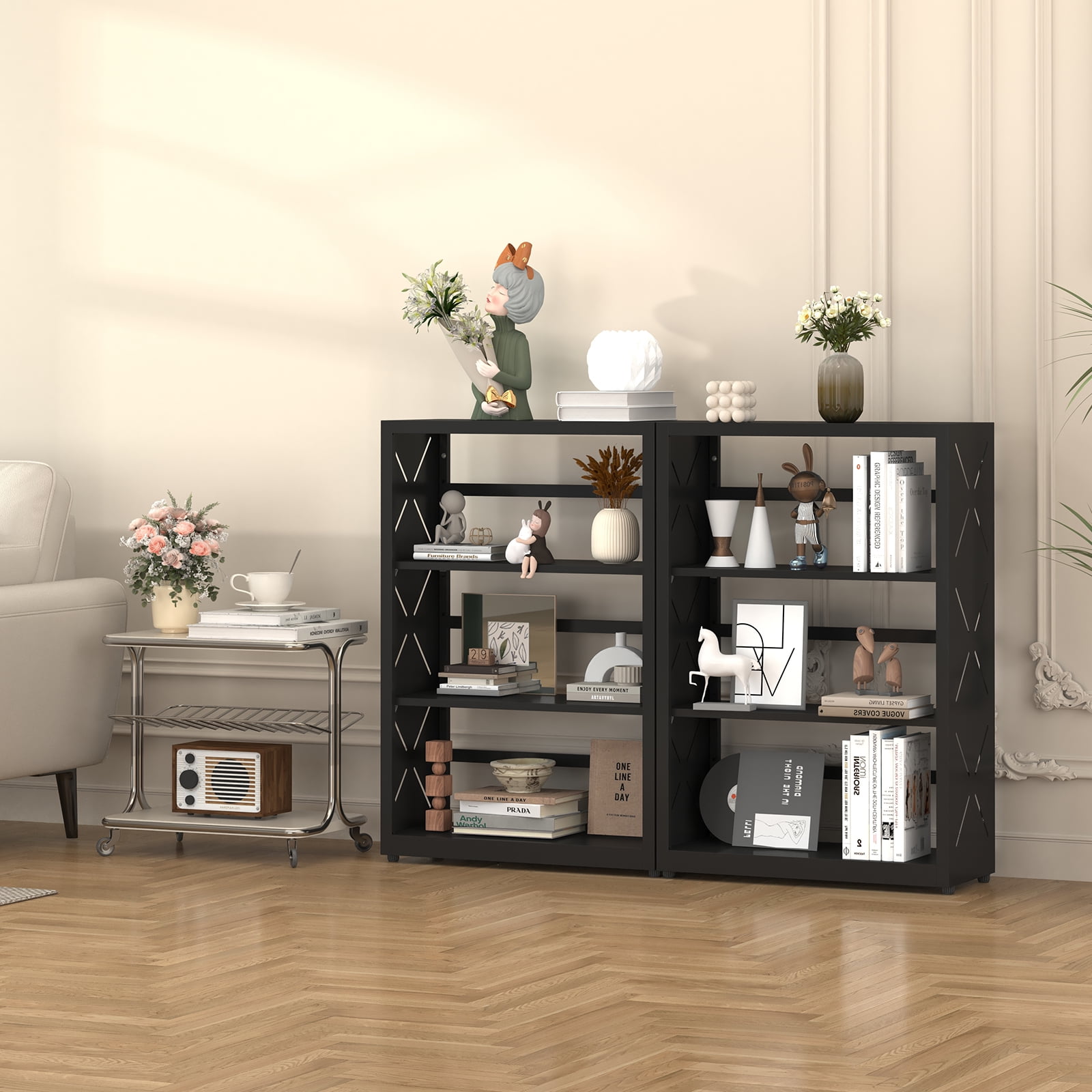 Polup Industrial Style 3-Tier Freestanding Bookcase with Adjustable Metal Shelves, Black, 1-Pack