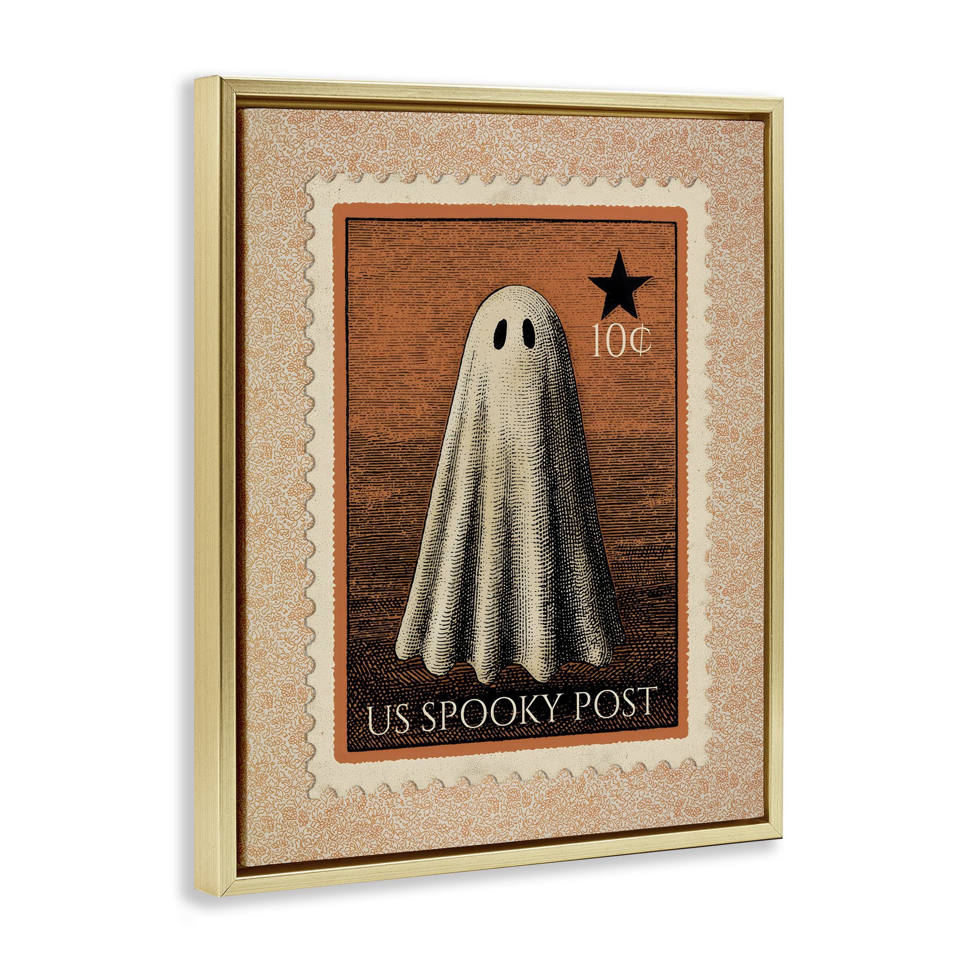 Vintage Ghost Stamp Gold Framed Floater Canvas Wall Art, design by Arlington Prints