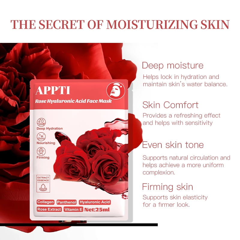 20PCS APPTI Rose Hyaluronic Acid Face Mask – Hydrating & Soothing Treatment with Rose Extract for Plump, Nourished & Calm Skin with a Dewy, Healthy Glow.