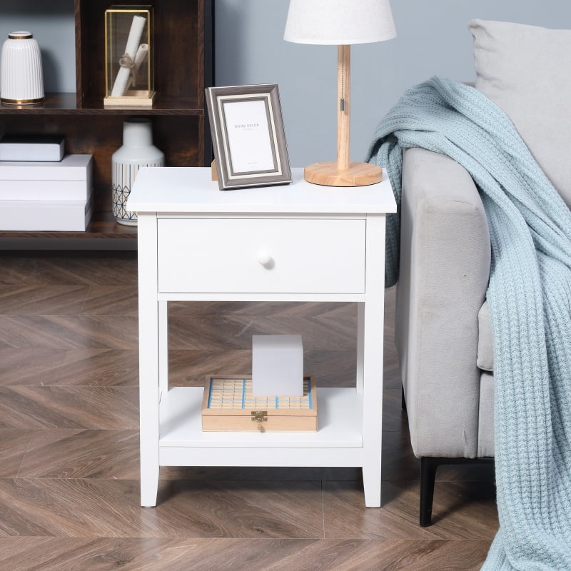 HOQBN Modern Side Table for Living Room, 2-Tier End Table with Drawer and Storage Shelf, White