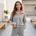 thumbnail image 4 of Szluipve 2 Piece Sets for Women 2 Piece Outfits Side Stripe Zip Up Collar Jacket & Wide Leg Pants Set Ribbed Textured Casual Tracksuit Loungewear Suit for Daily Travel Gray S, 4 of 7