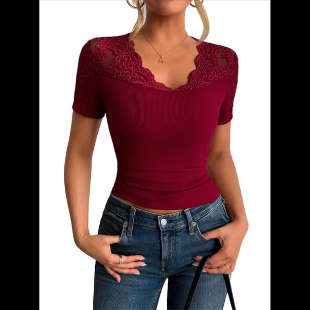 Camisetas de Corta con Cuello en V y Encaje para Mujer, Camisetas Básicas Ajustadas de Punto Acanalado, Estilo Informal de Verano para Negocios Vino Tinto XXL