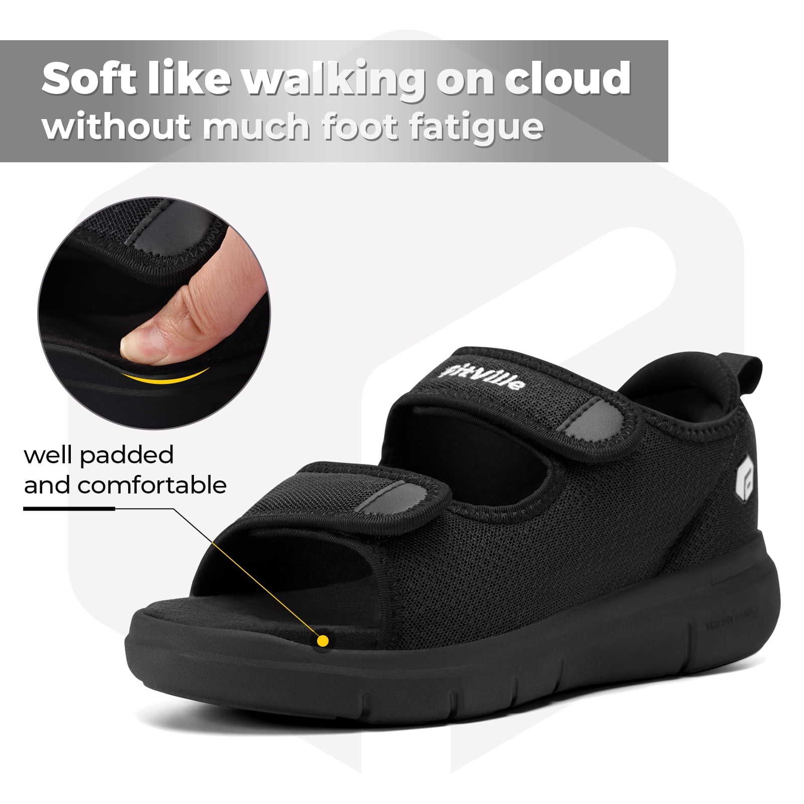 FitVille Adjustable Diabetic Sandals for Men Wide Width Sandals with Arch Support, Black, 10.5 Wide
