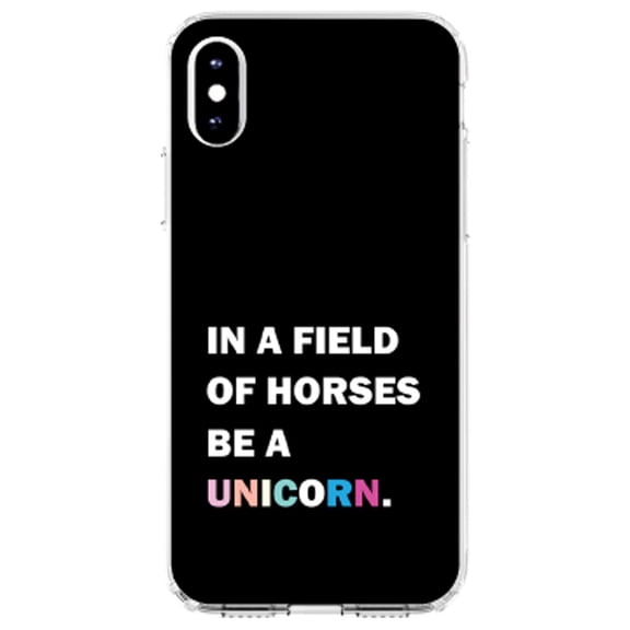 DistinctInk Clear Shockproof Hybrid Case for iPhone X / XS (5.8" Screen) - TPU Bumper, Acrylic Back, Tempered Glass Screen Protector - In a Field of Horses, Be a Unicorn - Rainbow