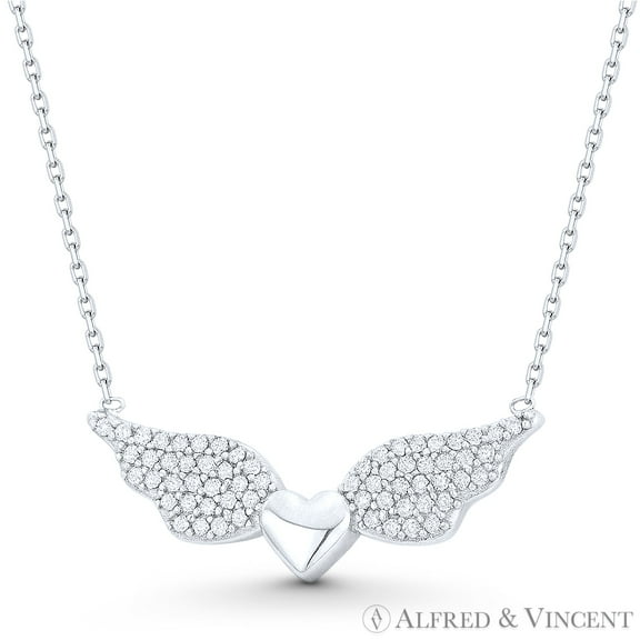 Heart w/ Angel Wing Charm CZ Crystal Charm Pendant & Chain Necklace in .925 Sterling Silver w/ Rhodium