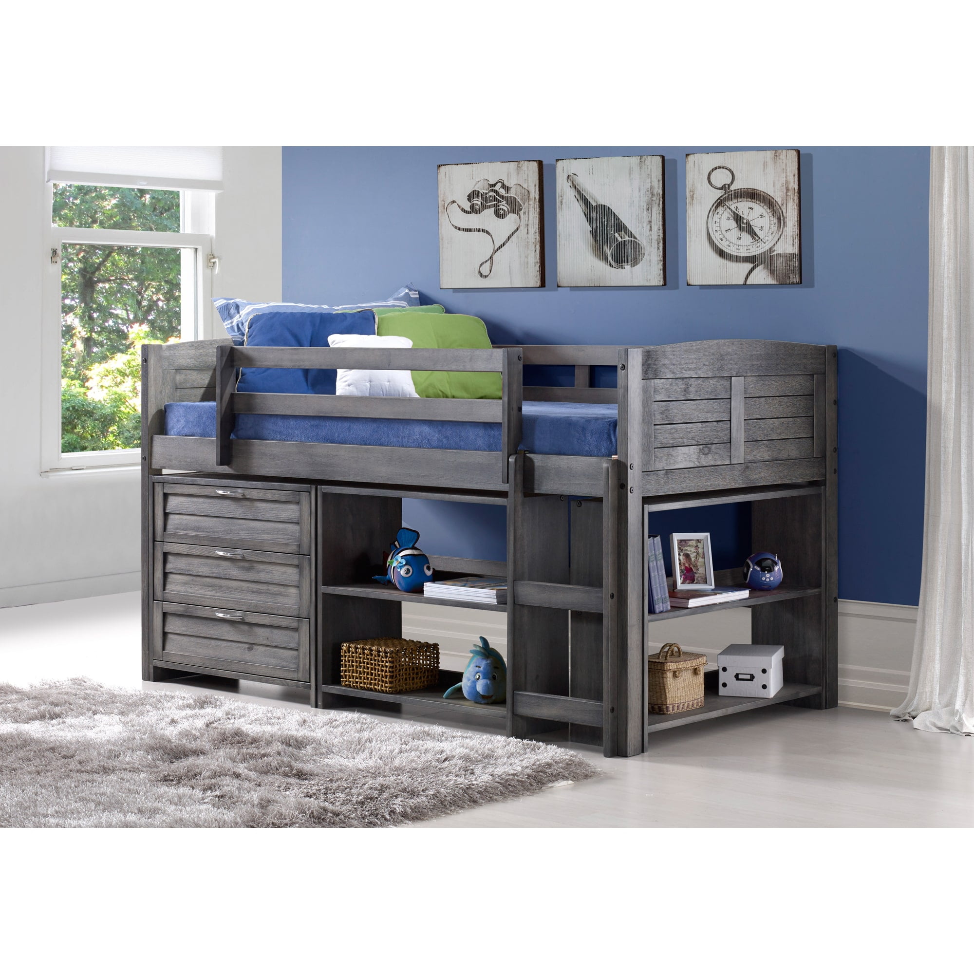 Donco Kids Antique Grey Pine Wood Twin Louver Low Loft Bed With 3 Donco Kids Antique Grey Pine Wood Twin Louver Low Loft Bed With 3 Drawer Chest Shelves And Small Bookcase Com