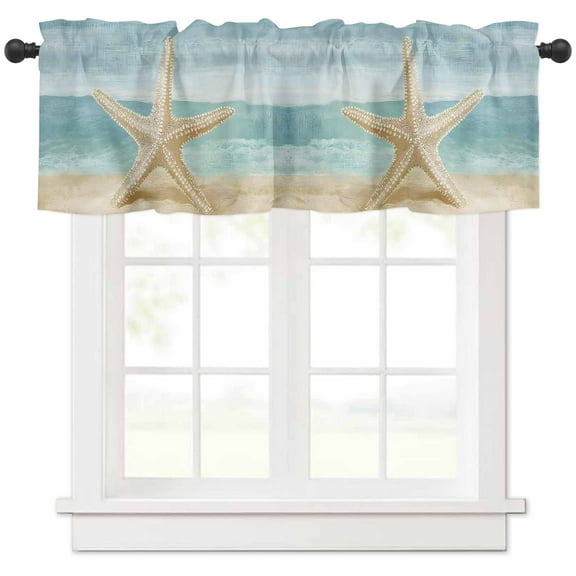 Vintage Coastal Beach Valances for Windows Farmhouse Kitchen Curtains Valances Rod Pocket Valance Curtains for Kitchen Windows Summer Retro Sand Starfish Window Valances for Bathroom Bedroom 42"x18"