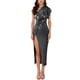 thumbnail image 2 of Vestido de cóctel maxi de una sola manga con brillo metálico y nudo en la cintura, abertura en el dobladillo, color negro para mujer Inspire Chic, 2 of 6