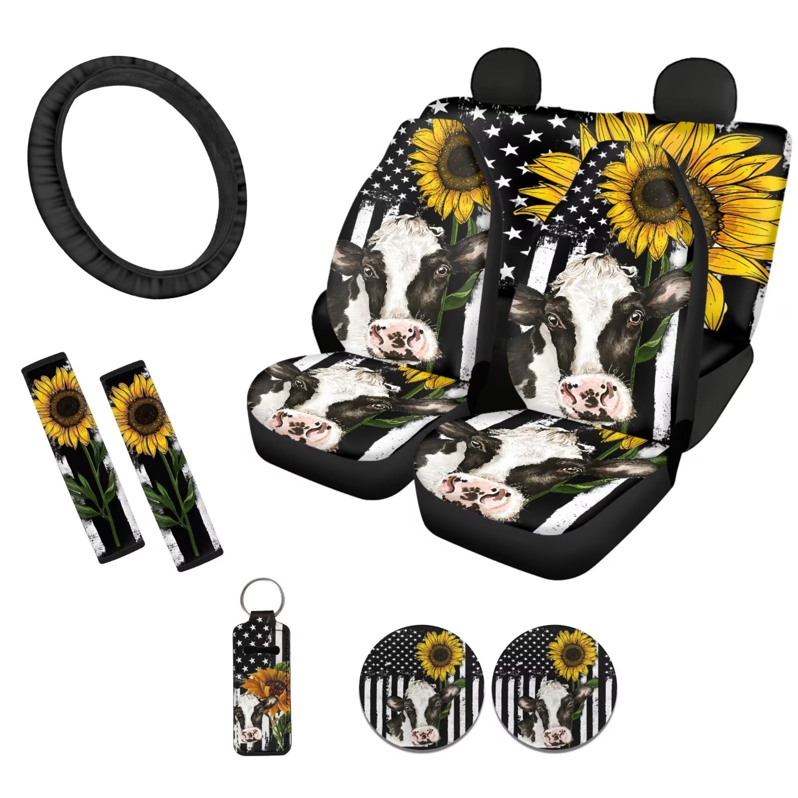 FKELYI Sunflower Cow Car Seat Covers Set of 10 Universal US Flag Saddle
