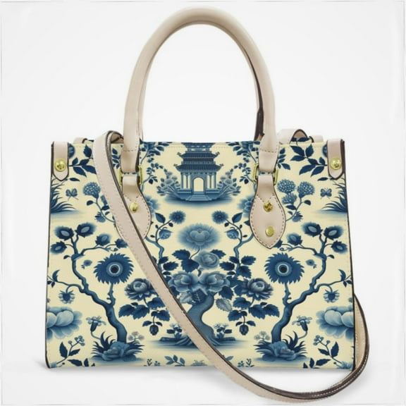 Beautiful Vintage Blue Chinoiserie Toile Cross Body Bags For Women Small Leather Female Handbags Fashion Top-Handle Totes