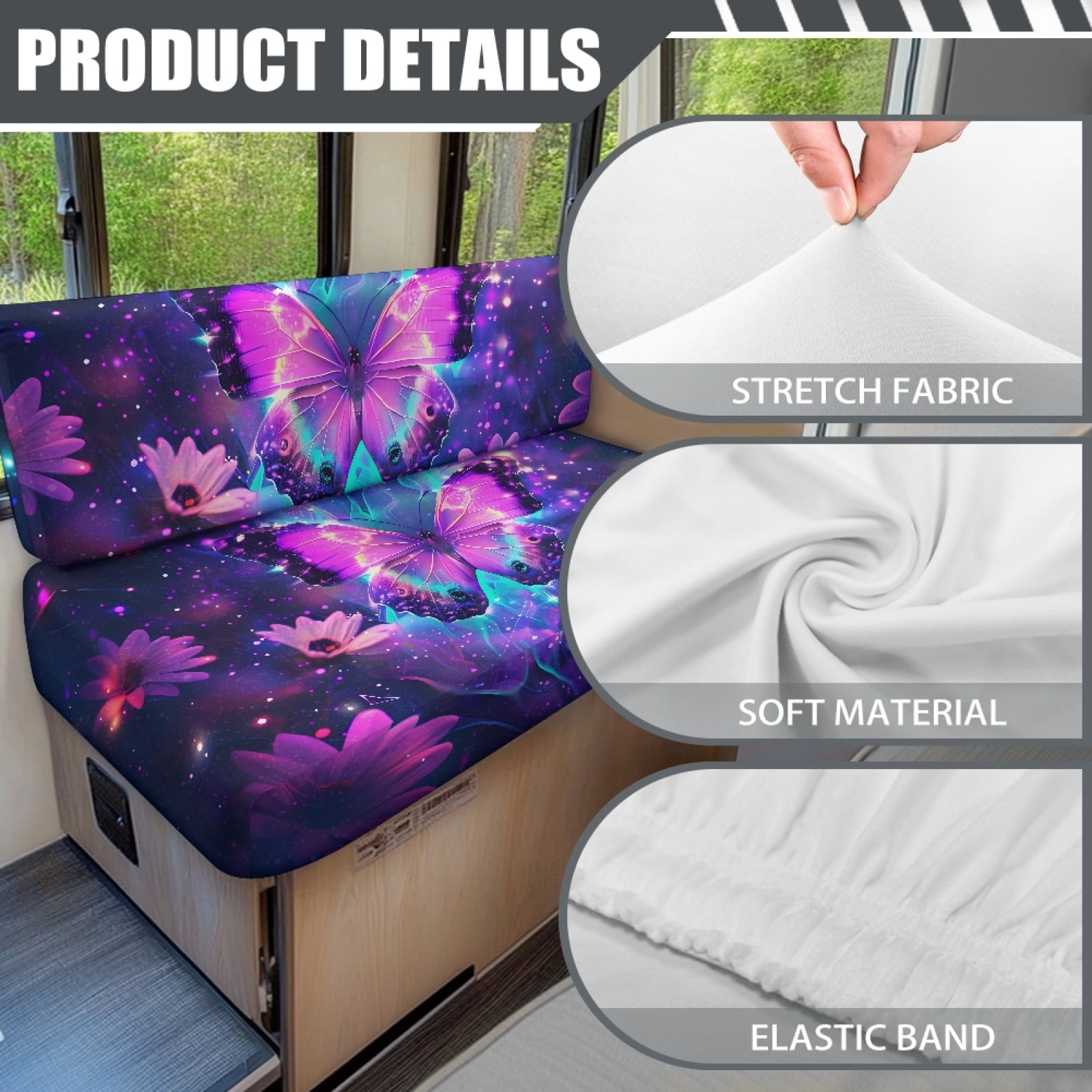 FORUDESIGNS Galaxy Butterfly Daisy Pattern 2 Pieces RV Dinette Cushion Covers Scratch-Resistant RV Couch Cover Waterproof Sofa Furniture Protector Camper Seat Covers Dinette Booth