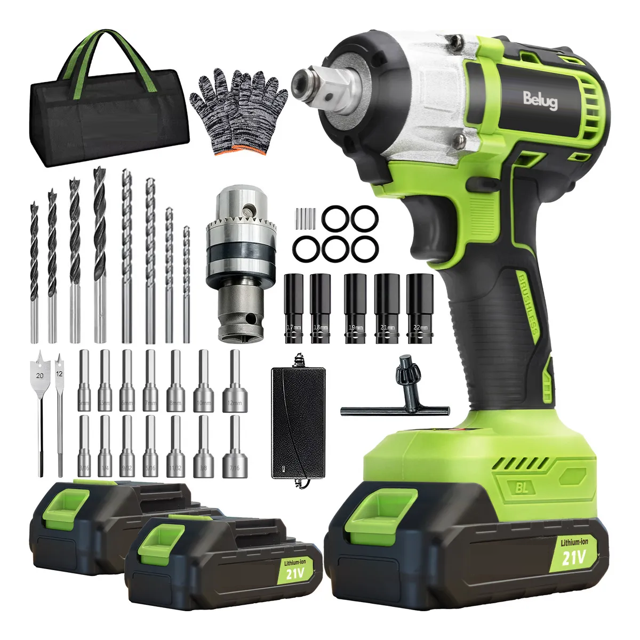 "Llave De Impacto Inalámbrica Pistola Taladro 21v 1/2 520 Nm 2 En 1 2 Batería Belug, Verde "