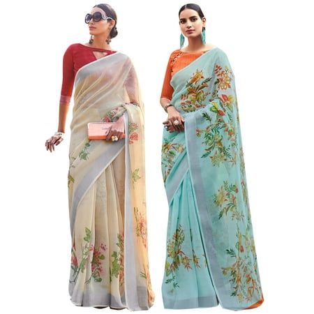 Pack of Two Saree for Women Printed Cotton Silk Indian Wedding Sarees | Diwali Gift Ethnic Sari Combo