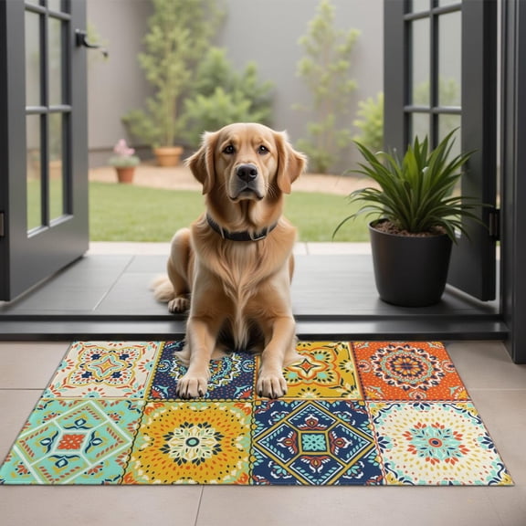 Bohemian Retro Floral Non-Slip Entryway Door Mat,Boho Indoor Decor Durable Low Plush Door Mat,Washable Welcome Rug for Patio Hallway Home Decor 20x32 Inches