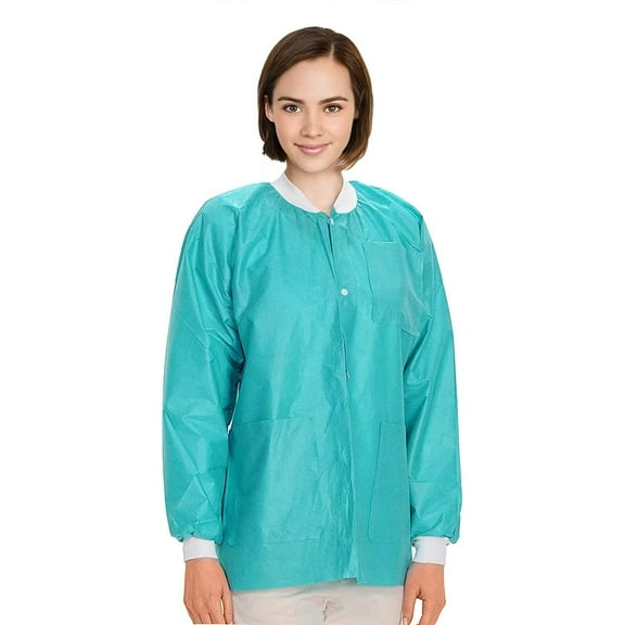 Disposable Lab Jackets for Adults, Pack of 10 Medium Teal Disposable Jackets with Knitted Cuffs, Collar, 3 Pockets, 45 gsm SMS Disposable Lab Jacket Unisex, Disposable Jacket