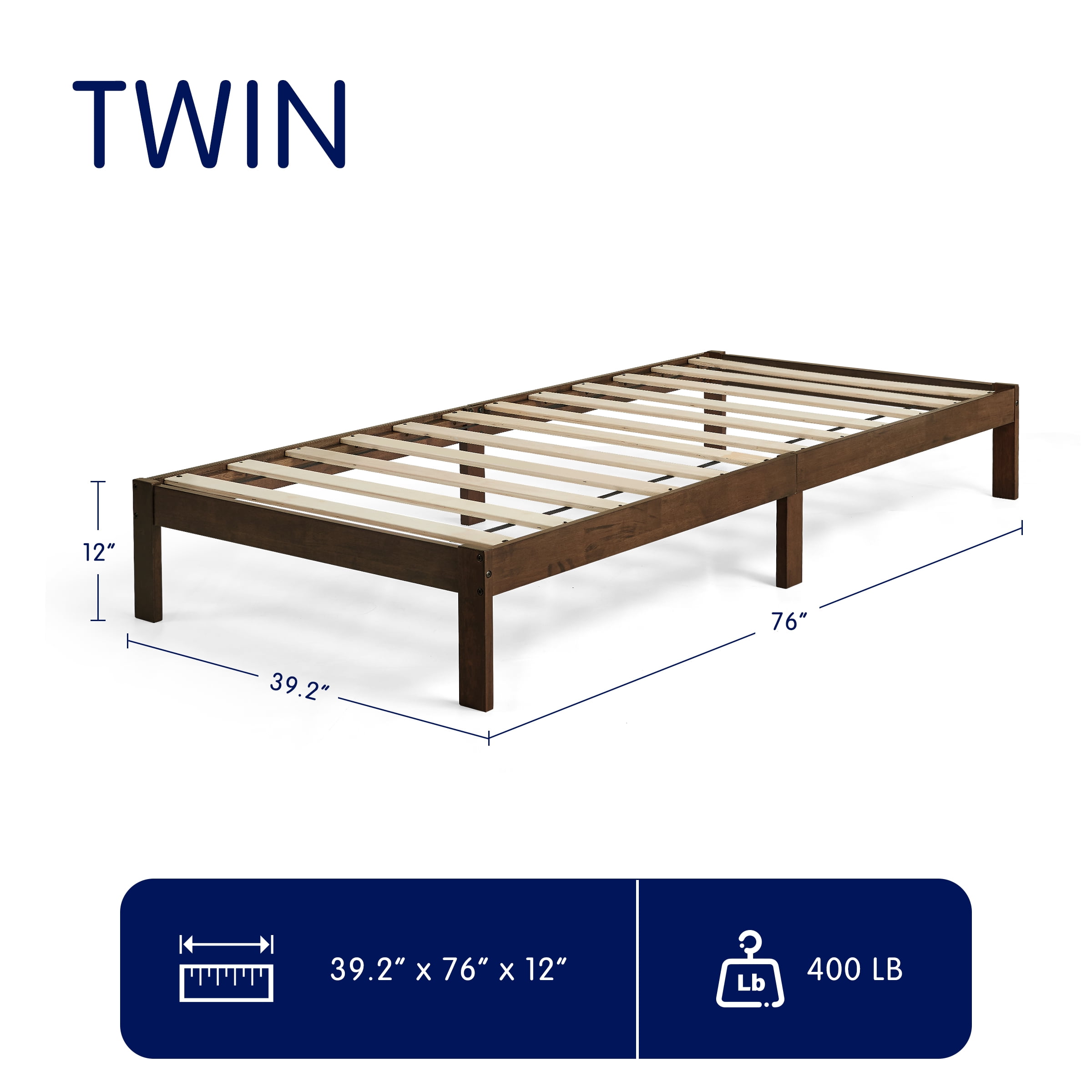 Twin Size Bed Frame, Solid Wood Platform with Wood Slat Support,No Box Spring Needed, Dark Walnut