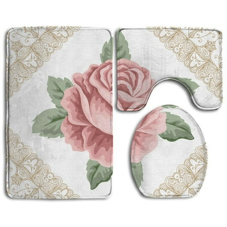 Floret 3 Light - GOHAO Floral Lace Ornate Vintage Rose Petal Floret Shabby Chic Light Pink Reseda Green 3 Piece Bathroom Rugs Set Bath Rug Contour Mat and Toilet Lid Cover