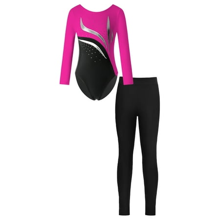 Doomiva Kids Girls Sparkly Rhinestone Long Sleeve Gymnastics Leotard Bodysuit with Leggings Set Sport Tracksuit A Hot Pink&Black 6