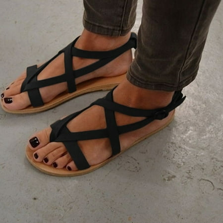 

NEGJ Women s Flip Flops Flat Cross Strap Beach Shoes Slippers Roman Sandals