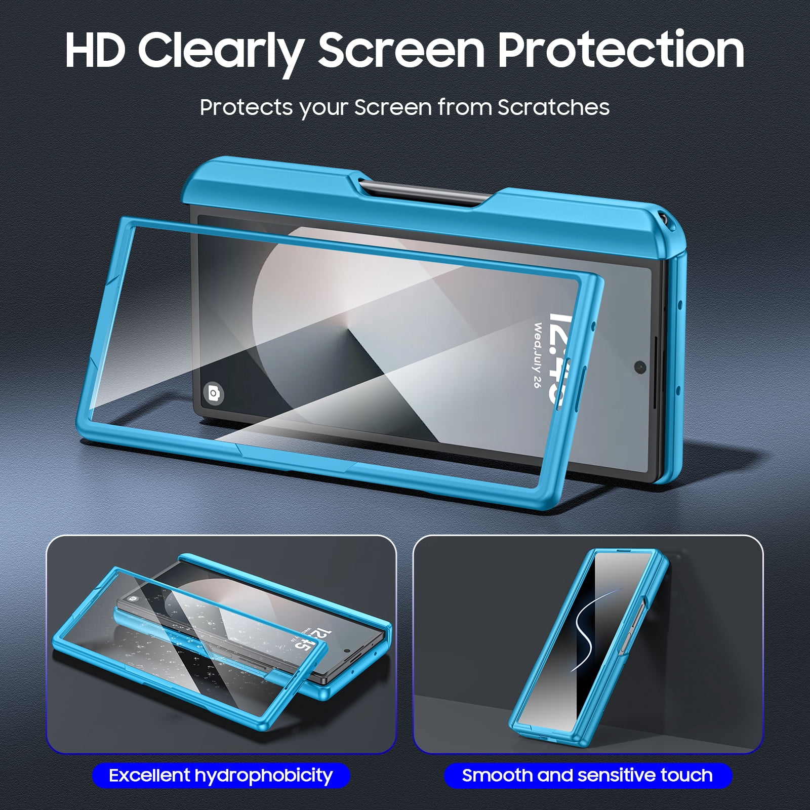 Oupeigar for Samsung Galaxy Z Fold 6 Phone Case,with RFID Cards Holder,S Pen Holder,Camera Cover, Shockproof Silicone Protective Case-Light Blue